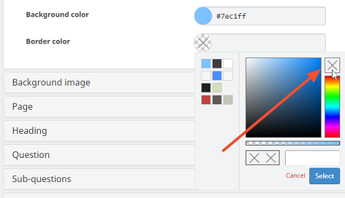 how to select a transparant color in the survey appearance editor