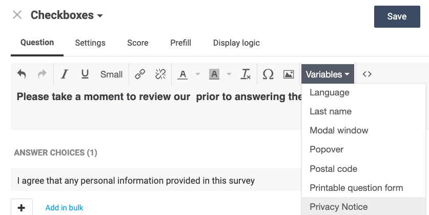 add the privacy notice to your question using a variable